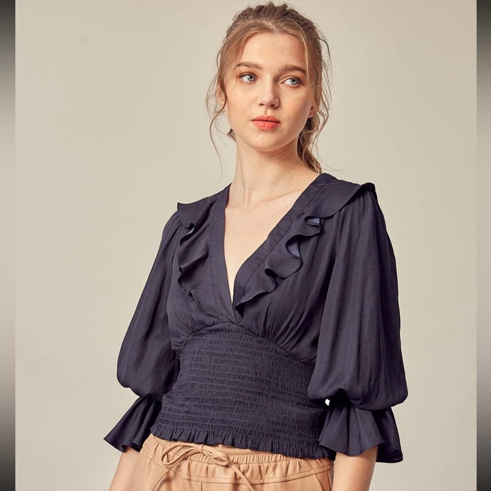 Black V-Neck Ruffle Smocked Top with Corset Detailed Back🌟🎀 Mustard Seed